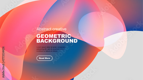 Abstract geometric background features vibrant overlapping shapes, gradients. Text promotes further exploration. Modern design elements present.