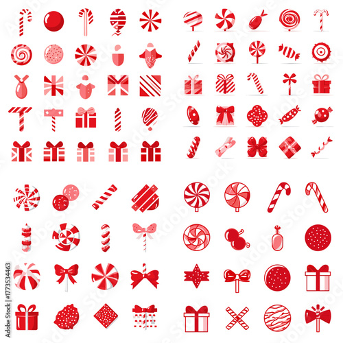 Vibrant red candy, gift, and bow icons for Christmas celebration. Includes sweets, lollipops, candy canes, and festive ribbons ideal for packaging, wrapping, or holiday graphic design.