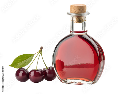 Elegant Glass Bottle of Red Cherry Liqueur with Fresh Cherries and Leaf
