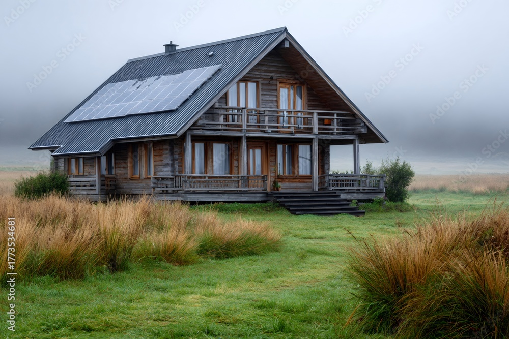 Fototapeta premium Log cabin with solar panels in rural misty field