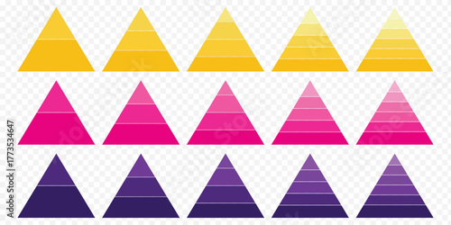 Pyramid infographic set. Colorful vector triangle diagram, triangular pyramid infographics, designed for business presentations, charts, educational materials. pyramid diagrams with ascending levels.E