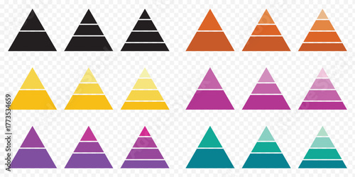 Pyramid infographic set. Colorful vector triangle diagram, triangular pyramid infographics, designed for business presentations, charts, educational materials. pyramid diagrams with ascending levels.E