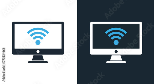 Desktop computer displaying wifi signal - Vector icon symbol for website - Icon vector - Blue icon vector