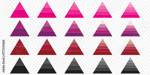 Pyramid infographic templates group. Triangle hierarchy data elements collection. Vector illustration isolated on white. Colorful abstract triangle set. EPS 10.