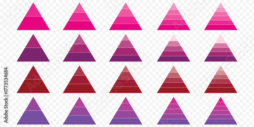 Pyramid infographic templates group. Triangle hierarchy data elements collection. Vector illustration isolated on white. Colorful abstract triangle set. EPS 10.
