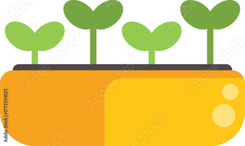 Four small plants are growing from an orange planter box