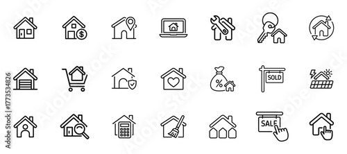 Real estate icons set, home ownership symbols including sale, rent, mortgage, keys, location pin, online property search, repair tools, security shield, and solar energy vector outlines.