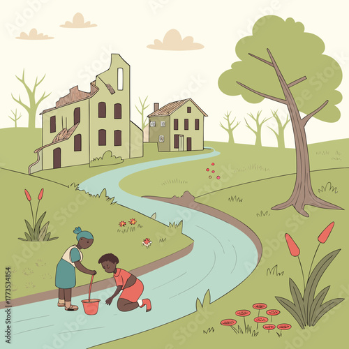 Children near river with destroyed building in background