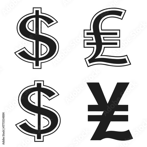 Currency symbols in black and white
