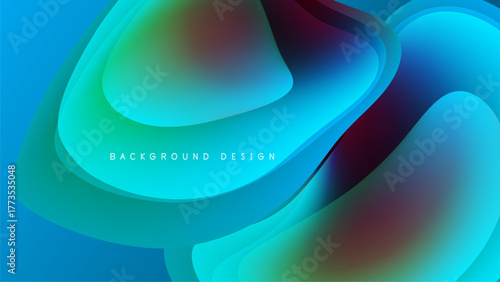 Abstract fluid shapes overlap, creating vibrant color gradients. Dark background emphasizes bright blues, greens, reds. Modern design element.