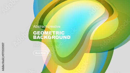 Abstract geometric background features vibrant flowing shapes, gradients. Text overlay includes sample content, button. Modern design.