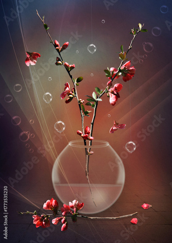 Quince branches in a round glass vase against a blurred pink and purple background. Still life. Digital art.