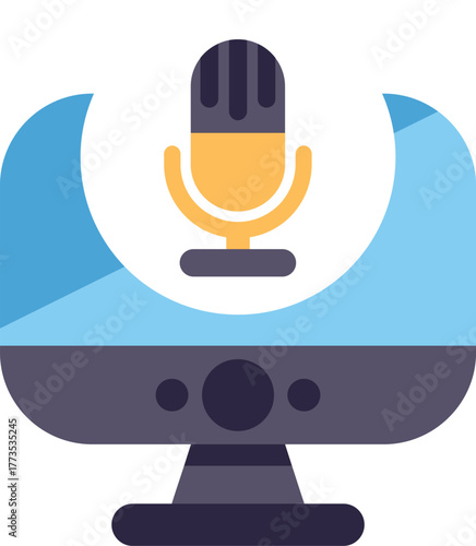 Desktop computer screen displaying a microphone icon, representing online audio recording and podcasting