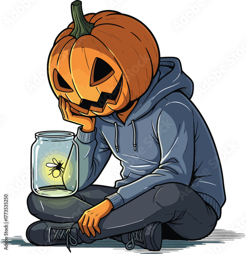 A tranquil and contemplative anthropomorphic pumpkin-headed character is depicted sitting cross-legged, fully engrossed in the gentle glow of a single firefly captured within a glass jar. This charmin
