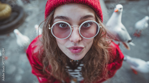 Young woman feeding birds, wearing stylish glasses and red beanie, looking at camera