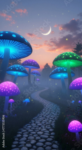 A magical fantasy forest with giant glowing mushrooms. Vertical illustration of an enchanted landscape with a cobblestone path and crescent moon at night