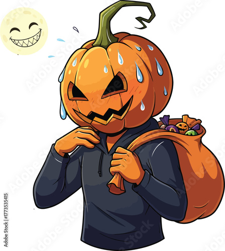 A humorous and relatable Halloween illustration featuring a slightly flustered anthropomorphic pumpkin-headed character delicately sweating under a tiny, grinning full moon. This vibrant cartoon chara