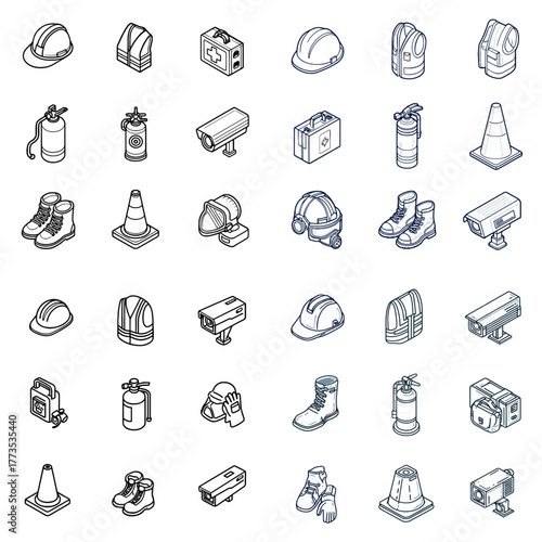 Isometric icons of construction safety equipment including helmet, vest, cone, boots, and CCTV camera. Ideal for industrial safety, building sites, and worker protection design concepts.