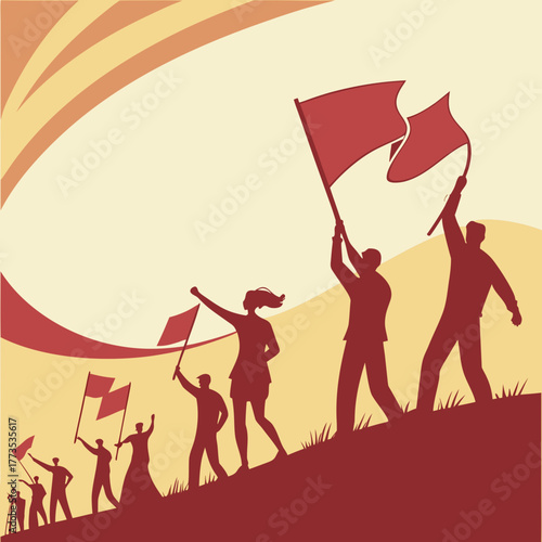 People with flags marching for a revolution or protest