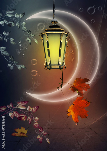 Evening Rhapsody. A lit lantern against the background of autumn branches and leaves with drops of dew. Digital art.
