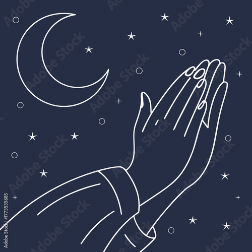 Praying hands under the moon and stars at night