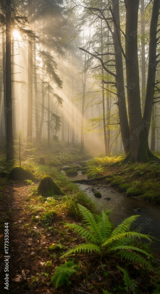 Fototapeta premium Golden sunbeams streaming through a misty morning forest. Vertical photo of an enchanted woodland with a creek and lush green ferns. Magical nature landscape background