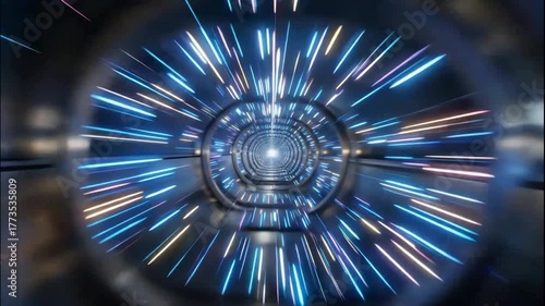 Vibrant Tunnel of Light Dynamic Streaks in Blue and Purple Hues Create Sense of Speed and Motion, Evoking Futuristic Atmosphere