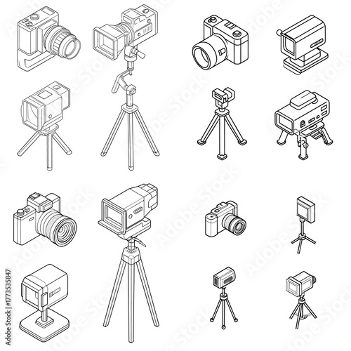 Isometric icons of camera and video equipment with tripod, lens, and camcorder. Perfect for photography, filmmaking, vlogging, and digital media production design concepts.