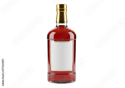 Amber whiskey bottle with gold cap and blank white label, isolated on white or transparent background. PNG
