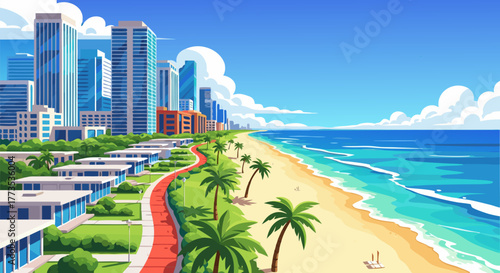 Vibrant coastal cityscape with pristine beach and modern architecture under a clear blue sky