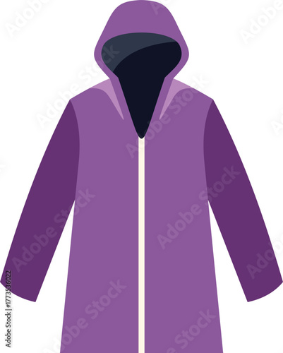 Waterproof purple raincoat with a hood protecting from bad weather, warm clothes for autumn or spring season