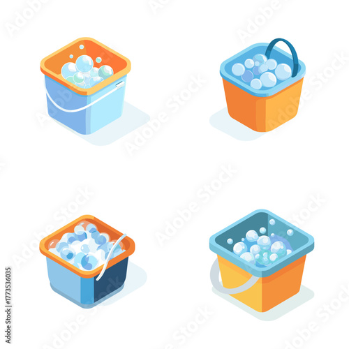 Isometric illustrations of cleaning buckets filled with soap bubbles. Perfect for household cleaning, sanitation, hygiene product branding, and janitorial service design themes.