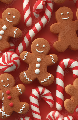 Gingerbread men and candy canes create a festive holiday scene on a red background