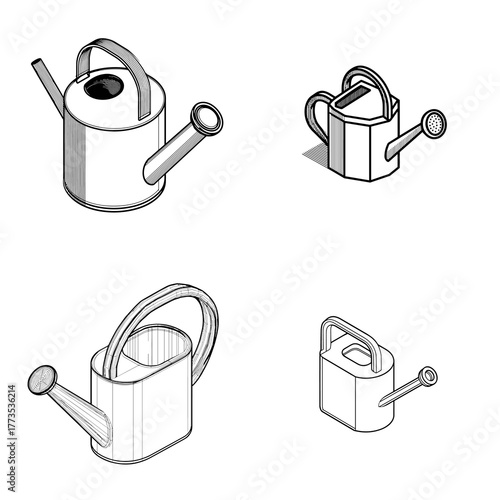 Set of isometric watering can illustrations in different styles and perspectives. Great for gardening, agriculture tools, home plants, and irrigation concept design projects.