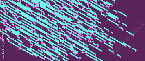 Futuristic geometric voxel artwork made of cubes in isometric perspective forming diagonal structure with contrast neon colors. Big data visualization and flow of massive digital clusters. Voxel art
