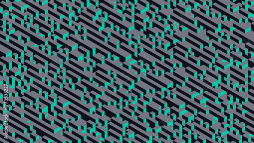 Voxel background with geometric cubes arranged in axonometric projection. Dynamic isometric pattern with volumetric texture aligned in diagonal direction. Minimal voxel artwork. Vector illustration