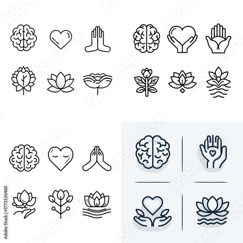 Line icons of brain, heart, lotus, and hands representing mindfulness, wellness, and mental health. Ideal for yoga studios, therapy, meditation apps, and holistic lifestyle branding.