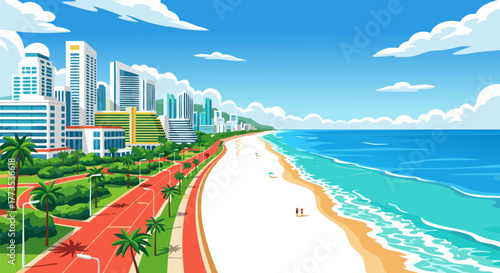 Vibrant coastal city skyline with a sandy beach and ocean waves under a clear blue sky