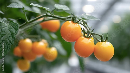 Technology Empowers: Golden Tomatoes Growing in Modern Agricultural Greenhouse