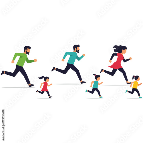 Healthy Family Running Together: Active Lifestyle with Parents and Kids Exercising Outdoors, Promoting Fitness, Wellness, and Fun Bonding Time in a Vibrant Flat Vector Illustration