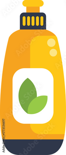 Yellow plastic bottle containing biodegradable cleaning product with green leaves logo on a white background