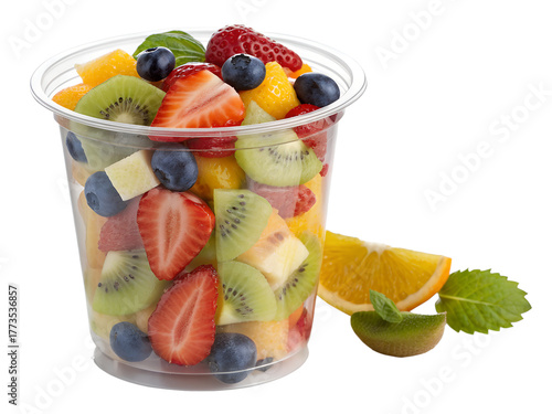 Clear Plastic Cup Filled with Colorful Fresh Mixed Fruit Salad