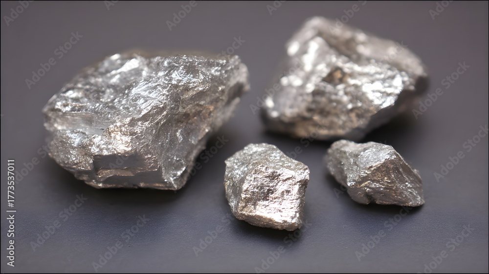 Naklejka premium Raw Silver Nuggets Shiny Metallic Mineral on Dark Surface. XAGUSD Silver Trading