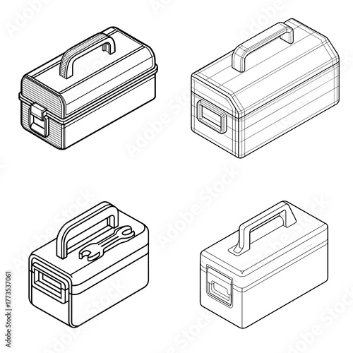Toolbox icon collection in isometric design. Represents construction, repair, handyman tools, maintenance, and industrial equipment for engineering or workshop concept illustrations.