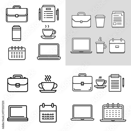 Office workspace icon collection showing briefcase, laptop, coffee cup, and calendar. Perfect for business, productivity, meeting, and remote work illustrations in modern line style.