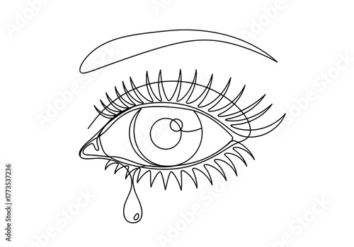 A continuous single line art illustration depicts an expressive human eye with long, distinct eyelashes and a single teardrop falling below