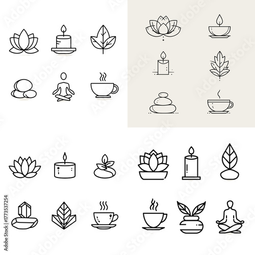 Spa and relaxation icon pack with lotus flower, candle, tea cup, and meditation symbols. Ideal for wellness, yoga, therapy, aromatherapy, and self-care concept design illustrations.