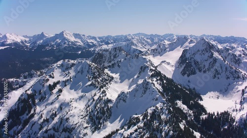 Aerial view of snow covered mountains at Olympic National Park in Washington State. 