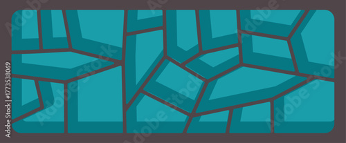 Close up of a rectangular stained glass window featuring a random pattern of turquoise irregular shapes, adding a touch of artistic elegance