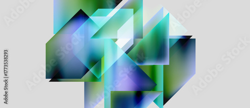 Abstract composition. Overlapping translucent rectangles create layered visual effect. Greens, blues dominate neutral background. Modern design.